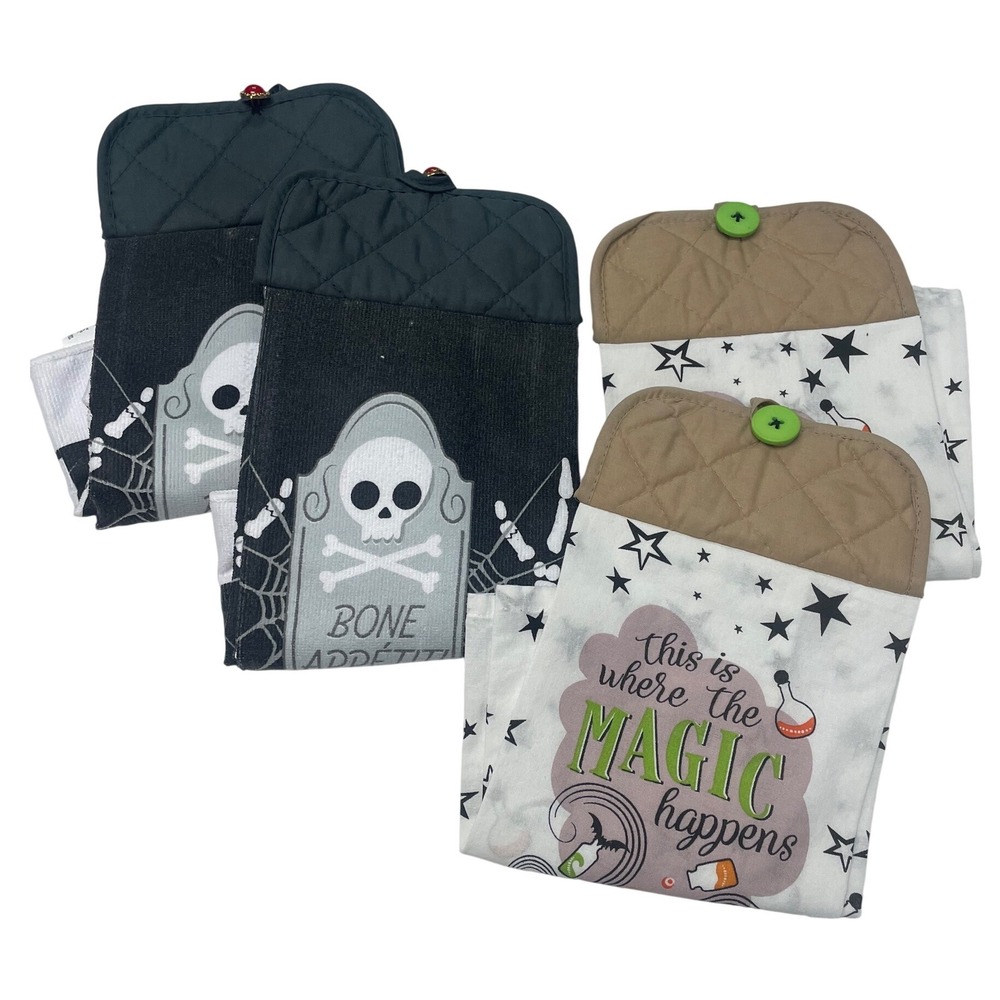 Halloween Hanging Kitchen Towels 4pc Set Bone Appetit Magic Happens Spooky Decor